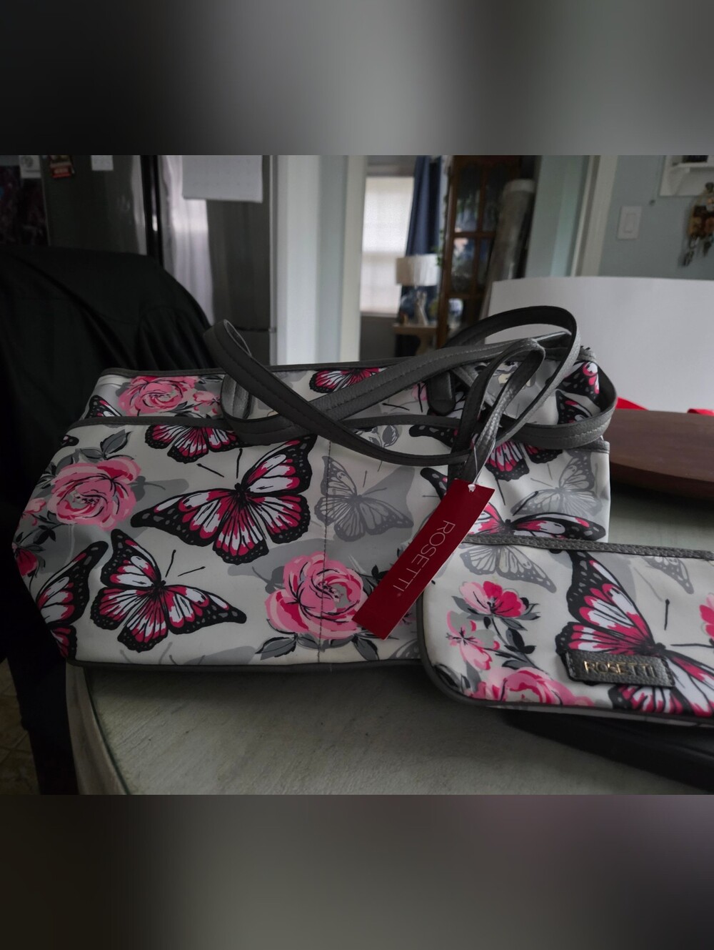 Rosetti White Satchel with Pink Butterfly & Rose Print and Matching Wristlet